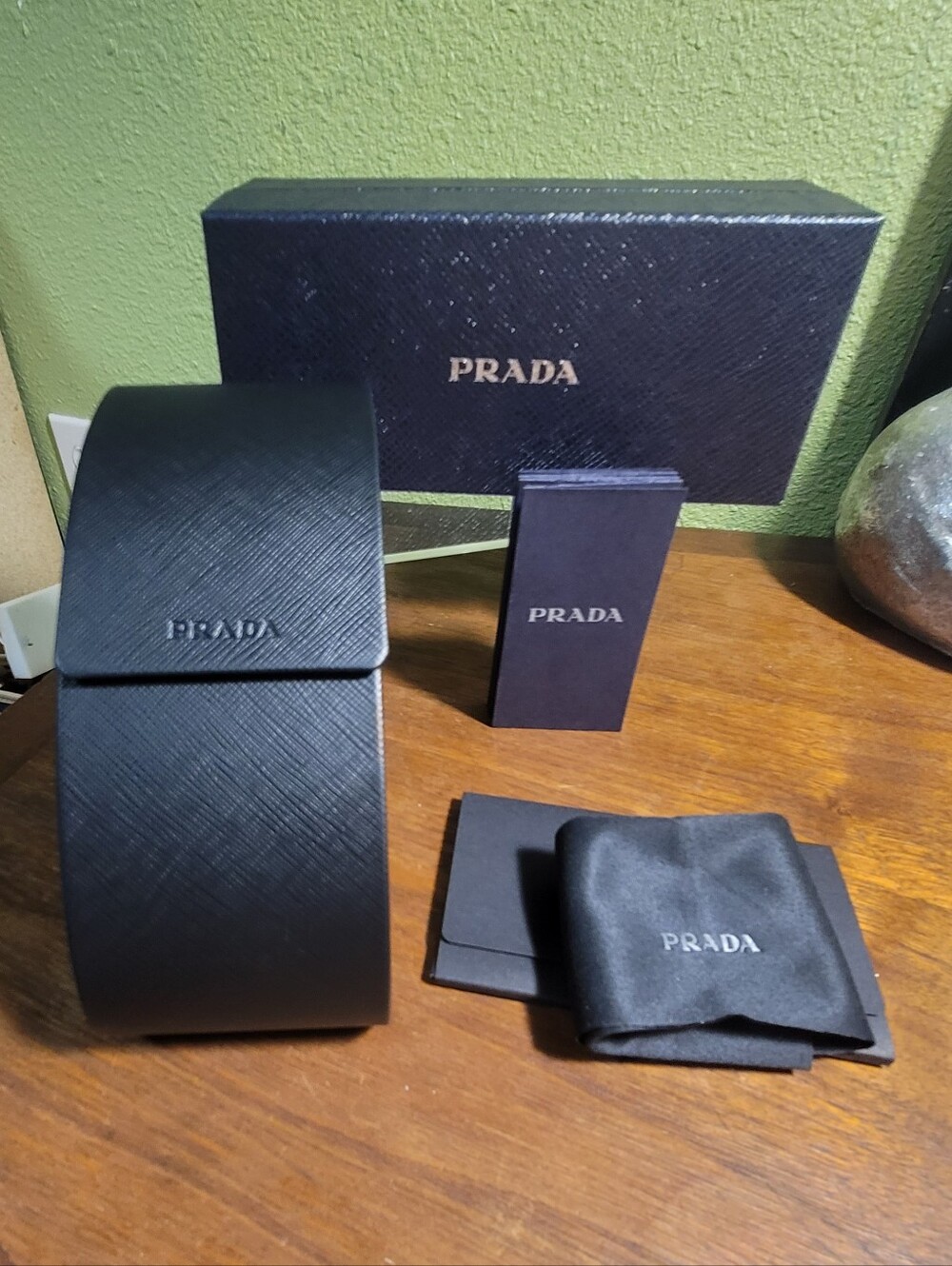 Prada Saffiano Black Leather Sunglass Case with Box & Cleaning Cloth